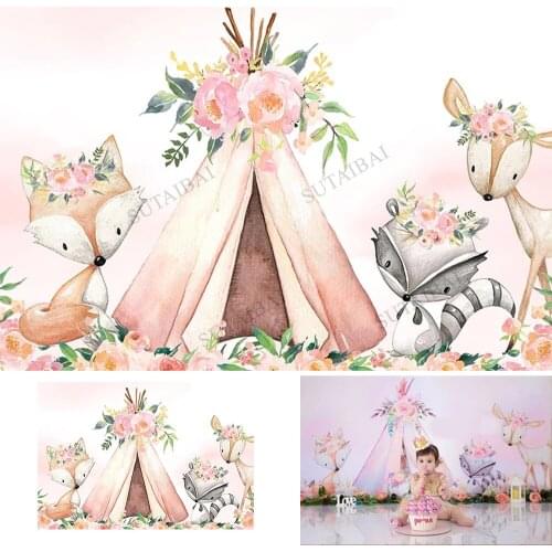 Woodland Safari Backdrop Birthday Party Girl Baby Shower Banner Pink Flowers Watercolor Wild Animal Tent Background Photo Studio
