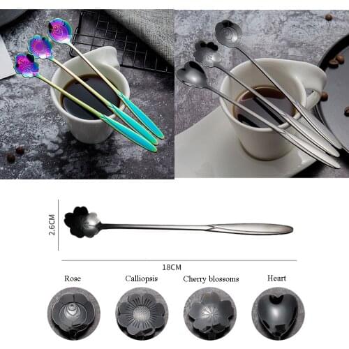 Stainless Steel Spoon Long Handle Flowers Heart Shape Ice Tea Coffee Spoon Dessert Spoon Kitchen Drink Tableware