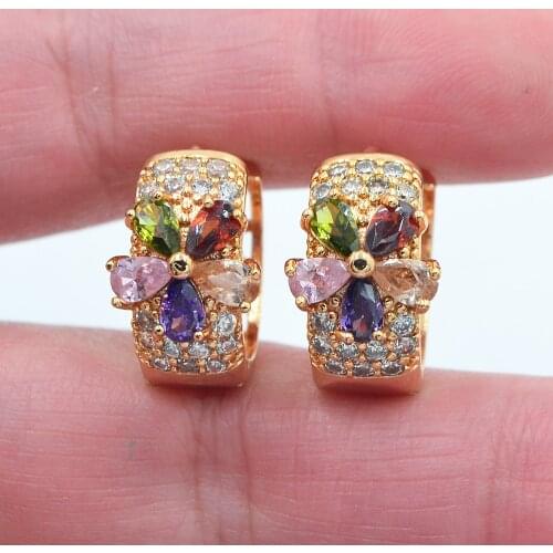 Gold Color Women Fashion Colorful Cubic Zirconia CZ Flower Huggie Hoop Wedding Earrings