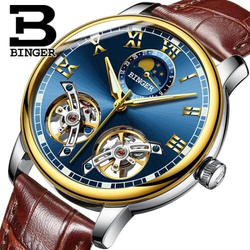 Double Tourbillon Design BINGER Men Skeleton Automatic Mechanical Watch Blue Dial Mens Fashion Casual Leather Watches Waterproof