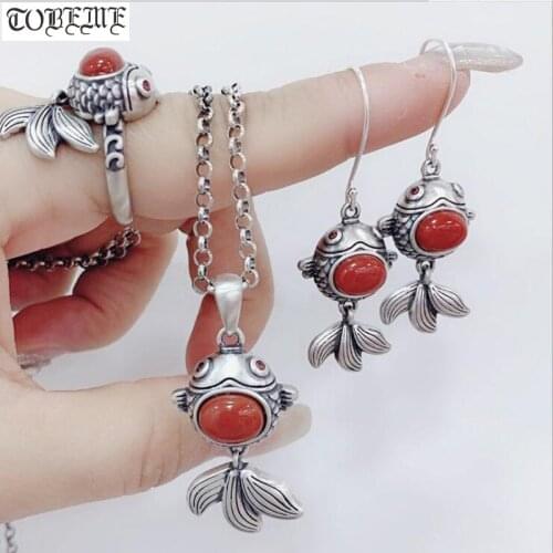 Handmade 999 Silver Agate Fish Necklace Pendant Earrings Ring Set Vintage Pure Silver Bohemia Women Jewelry Set Lady Jewelry Set