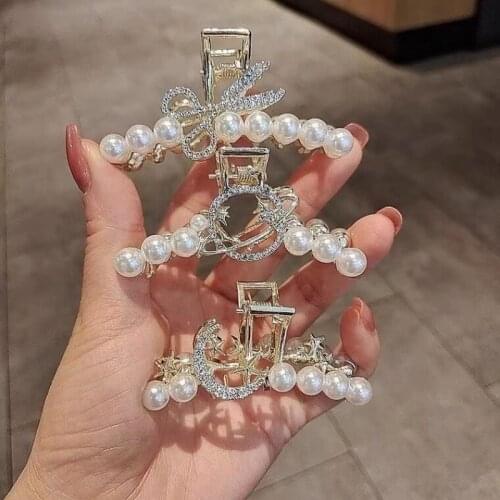 New Luxury Pearl Diamonds Geometry Grab Clip Women Ponytail Clip Hair Claw Girl Scissors Moon Stars Bow Shape Hairpin Barrette