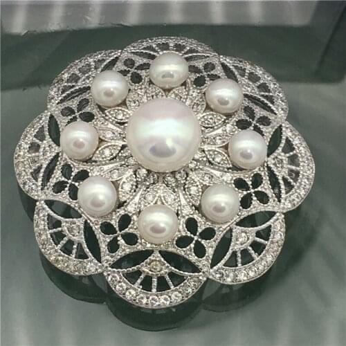 Wholesale NEW Superb Austria Zircon Inlay AAAA 5-7 FW White Pearl pendant Brooch Scarf Clips Pendant