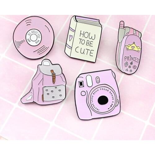 Pink cute CD-ROM schoolbag Enamel Brooch Pink mobile phones and cameras and a book are for you if you become cute pins