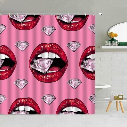 Sexy Woman Red Lips Pink Shower Curtain Diamond Cosmetics Love Gift Girl Bathroom Decor Waterproof Cloth Curtains With Hooks Set