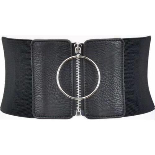 Wide Belt for Women Elastic Dresses Belts Female Big Metal Circle Ring Black Ladies Waist Strap 124