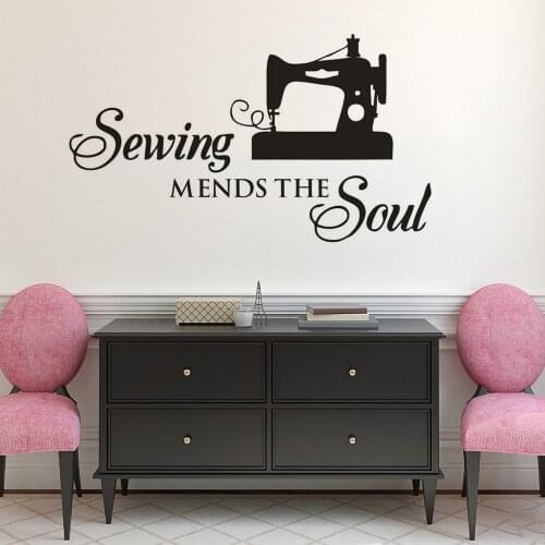 Sewing Machine Vinyl Wall Decal Sewing Mends The Soul Quote Wall Sticker Cloth Shop Window Poster Sewing Store Decoration AZ416