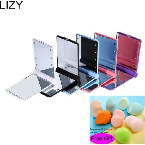 LIZY 8 LED Lights Foldable Makeup Mirror Women Ladies Hand Cosmetic Folding Portable Compact Pocket Makeup Tool LED Mirror