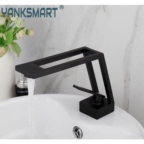YANKSMART Matte Black Hollow Design Bathroom Faucet Basin Sink Single Handle Deck Mounted Faucet Washbasin Hot & Cold Water Tap