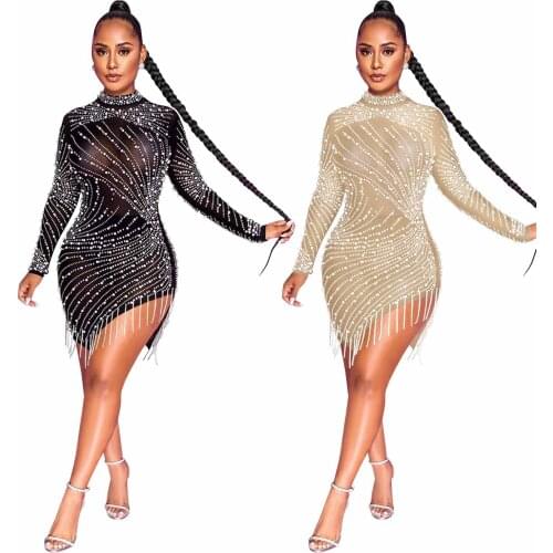 Sexy Diamonds Bubble beads Tassel Sheer Mesh Bodycon Mini Dress Club Party Rhinestone Zipper Vestidos See Through Elegant Robes