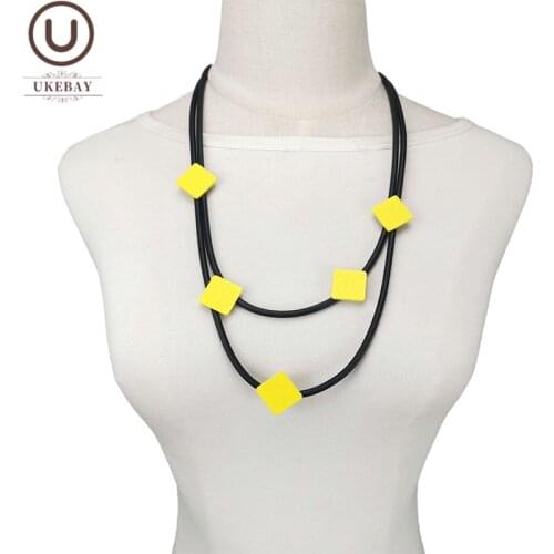 UKEBAY New Wood Jewelry Rubber Necklaces Female Choker Necklace Black Rope Chain Square Wooden Jewelry Handmade Chains Necklaces