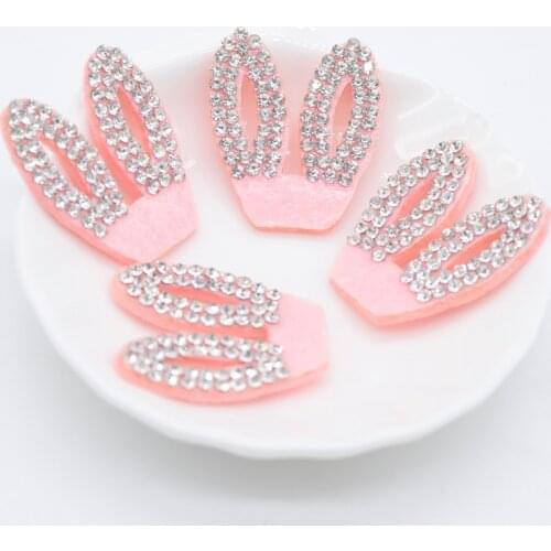 30Pcs Pink Padded Rhinestone Rabbits Ears Applique for Handmade Hairball Crafts Headwear Hair Clips Band Bow Decor Patches C26