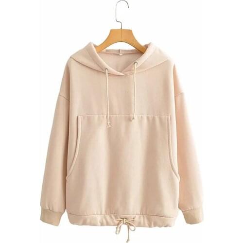 Vogue Women Autumn Casual Plus Fleece Solid Pullover Hoodies Female Fashion Big Pocket Elastic Drawstring Waist Hooded Outwear