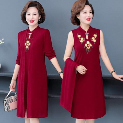 Cheongsam Dress Two Piece Suit Spring Autumn High End Elegant Dress Middle-aged Womens Embroidered Dress Set Plus Size 5XL 2341