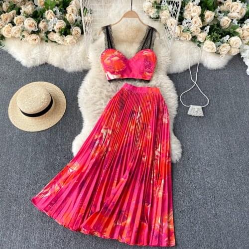 Amolapha Woman Holiday Lace Vest+Pleated Skirts Suit Printed Straps Tops Long Skirt Sets