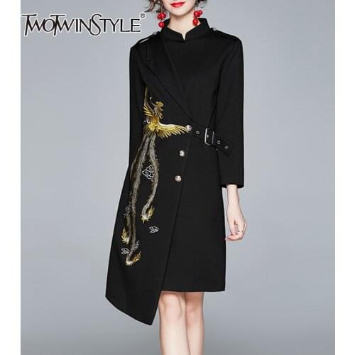 TWOTWINSTYLE Patchwork Embroidery For Female Dress Stand Collar Long Sleeve High Waist Slimming Womens Elegant Dress 2020 Tide