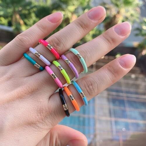 10PCS, New Ladies Summer gold plated micro pave ring, rainbow color enamel ring jewelry for gift