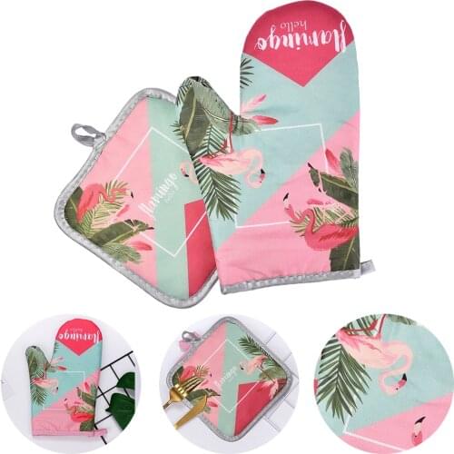 2pcs/Set Flamingo Pattern Microwave Gloves Cotton Linen Padded High Temperature Resistant Oven Gloves For Kitchen Cooking Tool