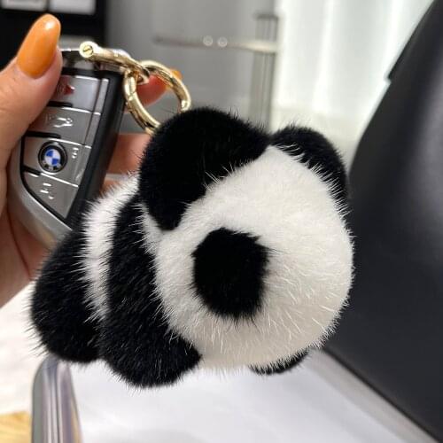 Luxury Real Mink Fur Keychain Cute Panda Pendant Keyring Women Girls Bag Ornament Emo Toys Jewelry Accessories Trinket Gifts