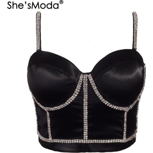 ShesModa Faux Silk Diamonds Push Up Bra Night Club Bralette Womens Cropped Top Vest Corset Plus Size