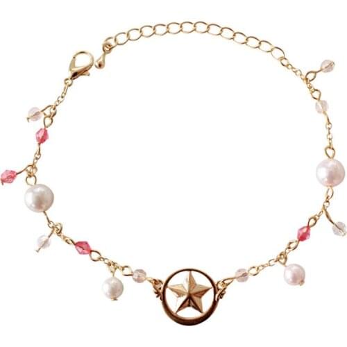 One Piece Movie Cartoon Film Girls Gold Color Bracelet White Pearl Red Crystal Golden Stars Charm Bracelet For Children Students