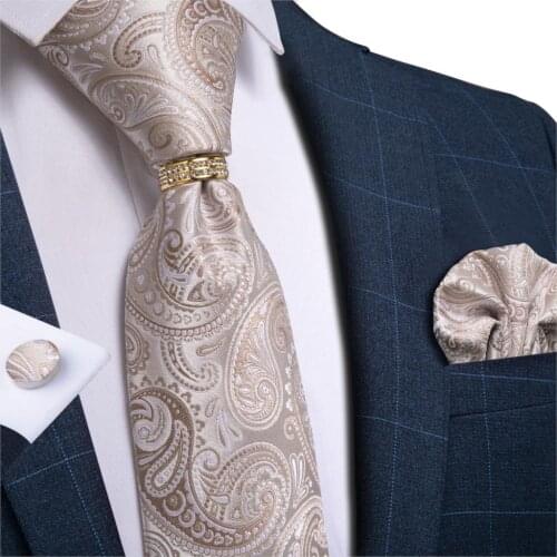 DiBanGu Designer Mens Silk Wedding Tie Champagne Paisley Fashion Necktie For Men Necktie Ring Hanky Cufflink Set Business Party