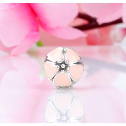 Bewill Authentic S925 Sterling Silver Pink Cherry Blossom Fixing Clip Beads Fit Original Bracelet DIY Jewelry