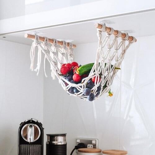 Vegetable Fruit Hammock with Wood Rod Cotton Rope Under Cabinet Hanging Vegetables Fruit Basket Storage Mesh Bag Kitchen Tools