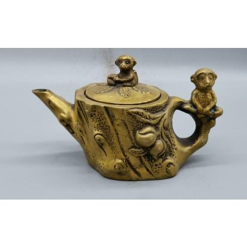 Chinese Old Brass Casting Monkey Stump Teapot flagon w Xuande Marks