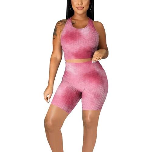2 Pieces Yoga Running Suit Set Womens Tie-Dyed Sportswear Summer Gym Workout Fitness Outfits Sleeveless Crop Tops+Shorts 2XL