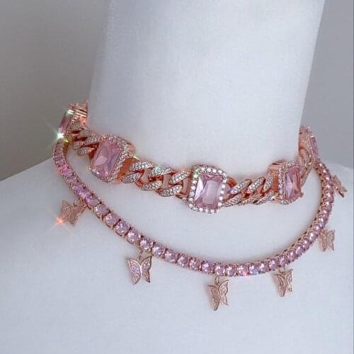 Ice pink girl cuban choker necklace 12mm 5A cz Miami cuban link chain big pink stone hip hop women jewelry