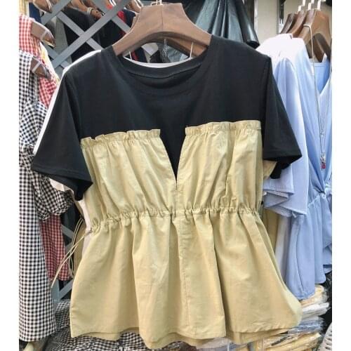 Summer New Fashion Ruffled Color Matching Fake Two-piece Blouse Short-sleeved Women T-shirt Drawstring Waist Tops U090