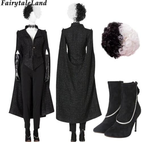 2021 Newest Cruella Cosplay Costume Halloween Evil Fashion Queen Outfit Evening Party Dress Fancy wig Emma Suit With Shoes