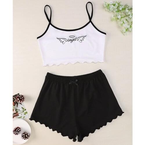 New Style Summer Ladys Casual Angel Print Camisole With Black Shorts Pajama Set Lovely Nightie Home Wear Sleepwear Loungewear