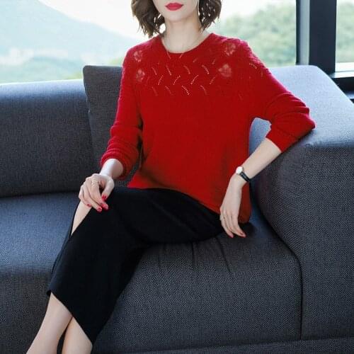 Fall Girls Red Thin Loose Sweater Long Sleeve Hollow Out Ice Silk Knitwear Pullover Women Sweet Cute Ladies Knitted Sweaters Hot