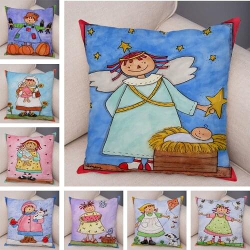 Colorful Cartoon Girl Cushion Cover Decor Flower Plant Pillowcase Soft Plush Pillow Case for Sofa Home Children Room 45x45cm
