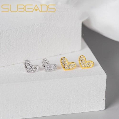 Subeads Real 925 Sterling Silver Full Rhinestone Heart Stud Earrings For Women Girls Sweet Cute Heart Crystal Earrings Jewelry