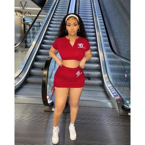 VAZN 2021 New Arrival Daily Young Energy Sot Sweet Short Sleeve Top High Waist Mini Skirts Skinny Women 2 Piece Set