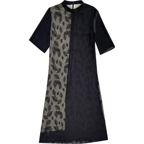 Vintage 4XL Plus Size Midi Dress Summer Loose Fake 2 Pieces Of Embroidery Silk Dress Women Elegant Bodycon Party Vestido FC578