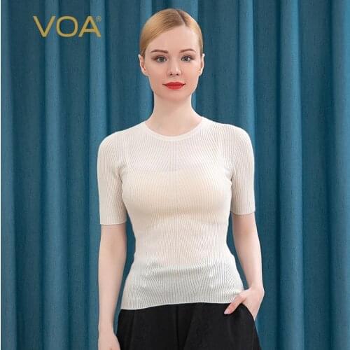 Voa 100% Cashmere 16-pin Woolen Fabric Solid Color Round Neck Embossed Soft Slim Spring Summer R92 Harajuku Tshirt befree
