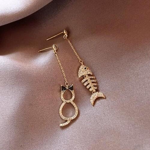 Women Fashion Asymmetry Cat Cat head Fish Bone Shape Long Dangle Ear Studs Earrings Party Accessory Jewelry Gift