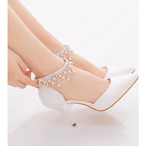 Women Sandals Shoes Buckle Strap String Bead Tassel 9.5cm Thin High Heels Pointed Toe Shallow Solid Party Female Shoes Ples Siz