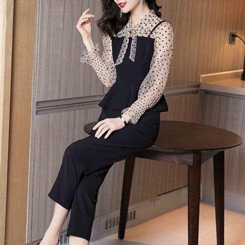 New Autumn Fashion Temperament Professional Polka Dot Chiffon Shirt + Commuter OL Pants Two-Piece Suits Women