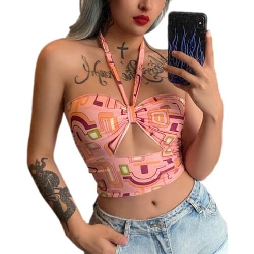Women’s Sexy Halter Bandage Vest Fashion Abstract Printing Hollow Exposed Navel Camisole Sleeveless Backless Top Slim Base Shirt