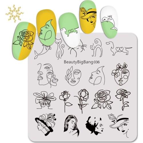 BeautyBigBang 1Pcs Nail Stamping Plates Cat Rose Girl Striped Lines Image Stainless Steel Template Mold Nail Art Stamping Plate