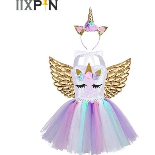 Kids Girls Shiny Sequins Mesh Tutu Dress Cartoon Halter Neck 3D Flowers with Hair Hoop Wings Halloween Cosplay Party Costume Set