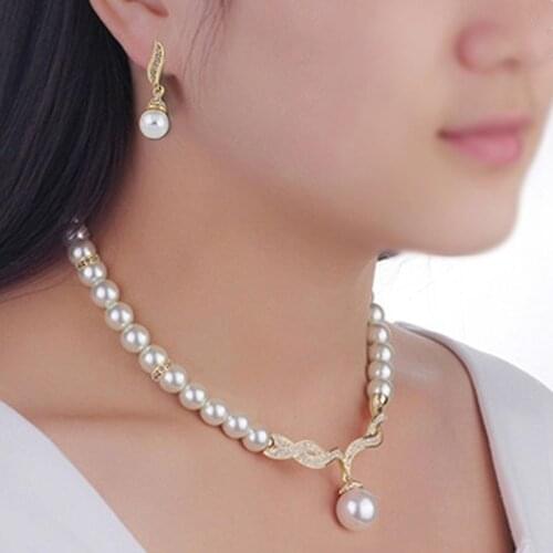 Fatpig Creative Gold Color Necklace 1Pair Earrings Wedding Bridal Pearl Jewelry Set For Women Lady Female Hot Sale