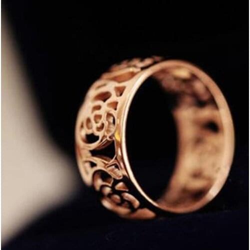 Classic Rose Wide Ring Flower Hollowing Craft Rose Gold Color Wedding Ring Fashion Party Jewelry Gifts Wholesale