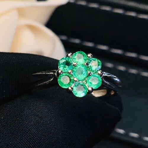 Flower Ring Emerald ring Free shipping Natural real emerald 925 sterling silver 3mm 7pcs Fine jewelry