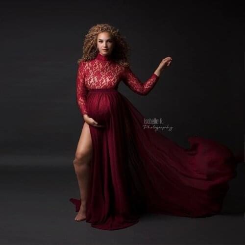 Lace Maternity Dresses for Photo Shoot Elegant Long Sleeve Bodysuit+High Split Pregnancy Maxi Gown Dress Baby Shower Photography